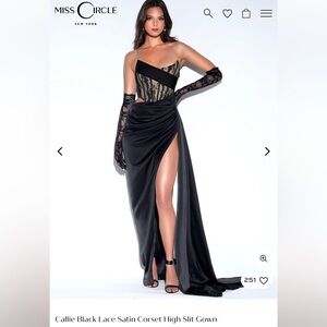 Black Lace Satin Corset Gown with High Slit